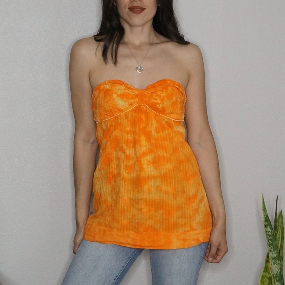 Tops - Orange & white tie die strapless top w/ tie in back size L